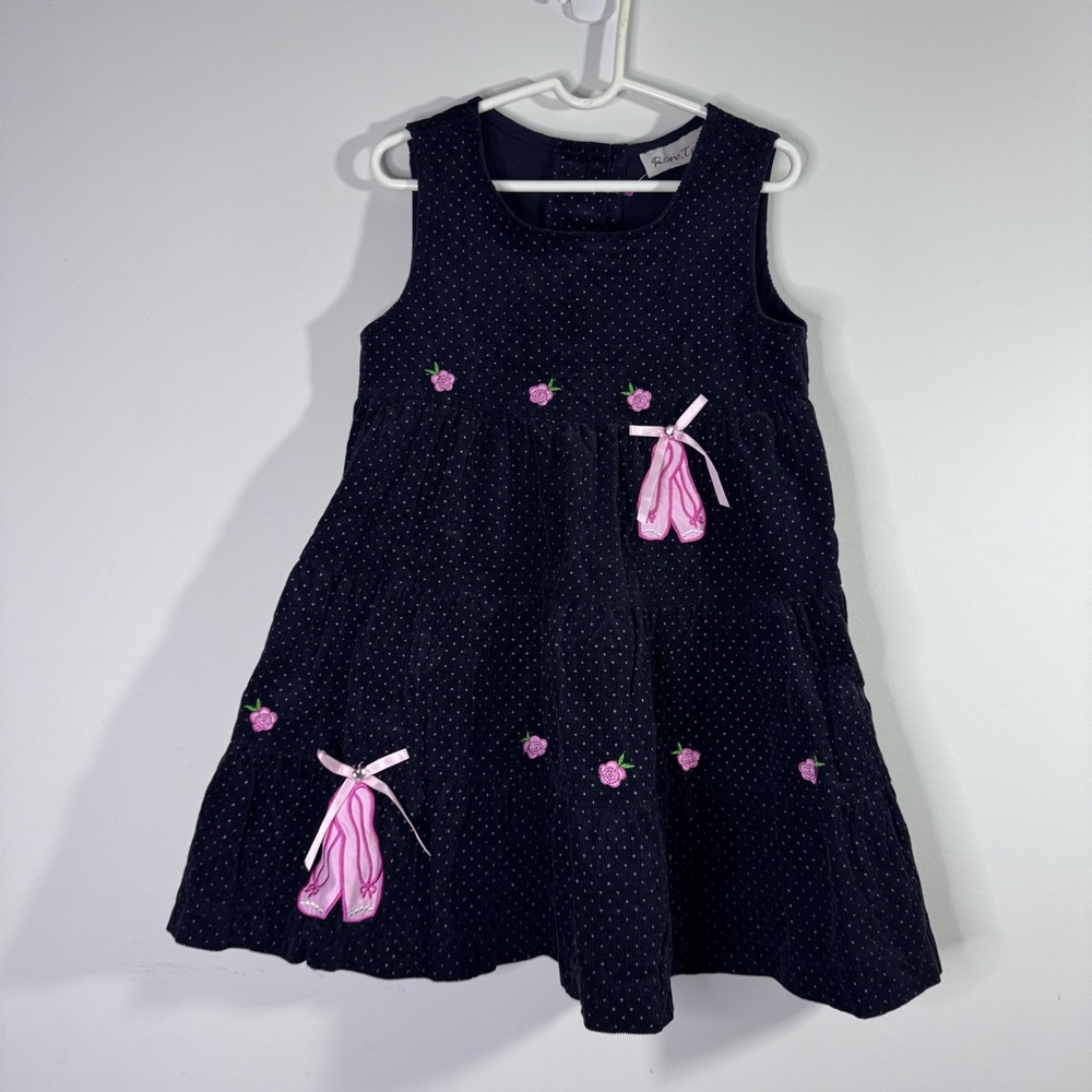 Vintage Rare Too Girls Navy Corduroy Ballet Shoes Dress Pink Polka Dot 90s